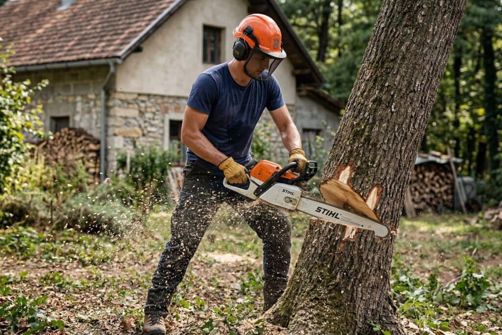 Profesionalno rusenje i uklanjanje stabala motornom pilom u vrtu – hortikultura General Nokorov